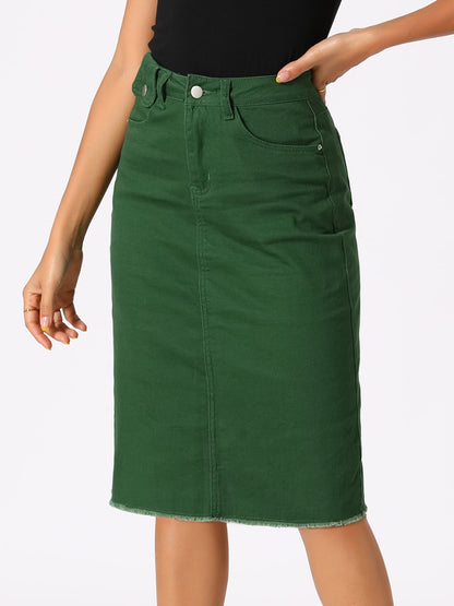 Effortless Denim Skirt for Women with High Waist Midi Straight Raw Hem Casual Jean Style