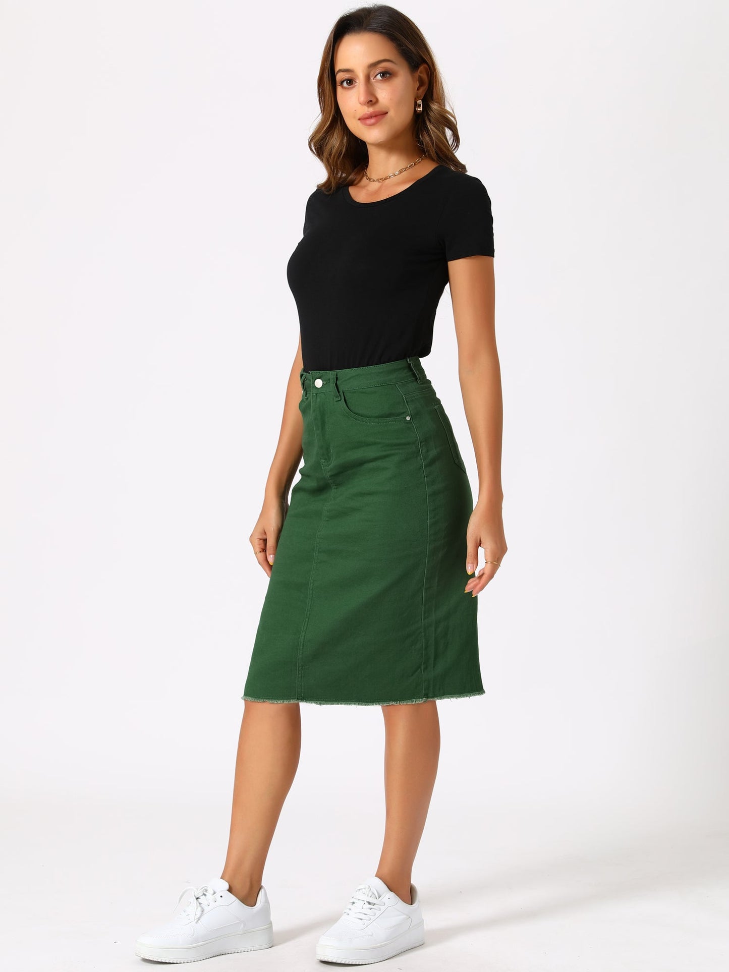 Effortless Denim Skirt for Women with High Waist Midi Straight Raw Hem Casual Jean Style