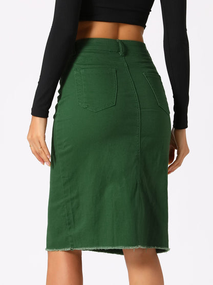 Effortless Denim Skirt for Women with High Waist Midi Straight Raw Hem Casual Jean Style