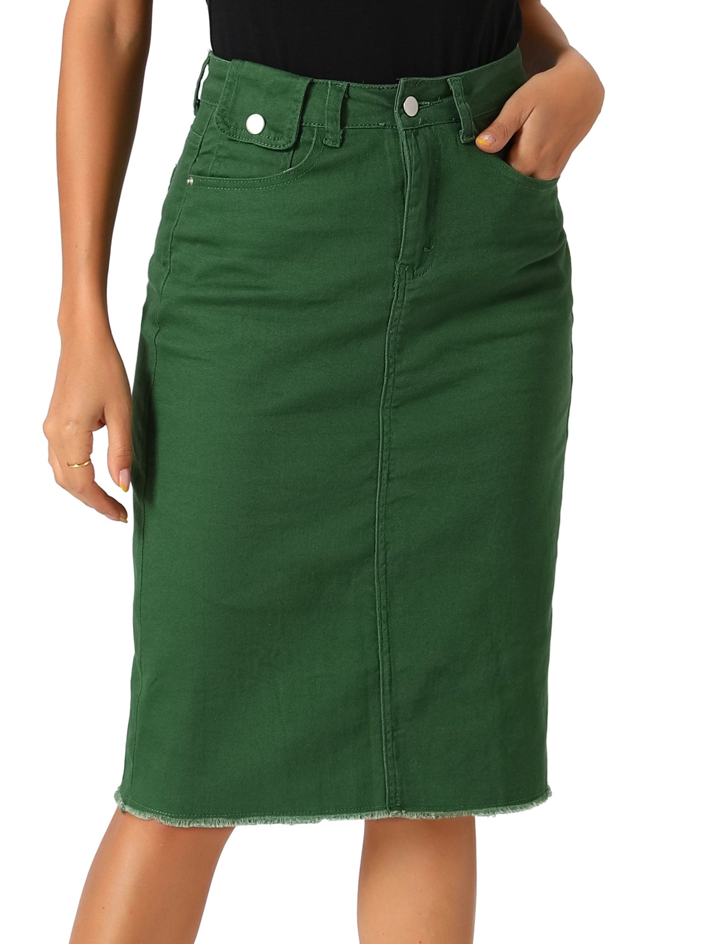 Effortless Denim Skirt for Women with High Waist Midi Straight Raw Hem Casual Jean Style