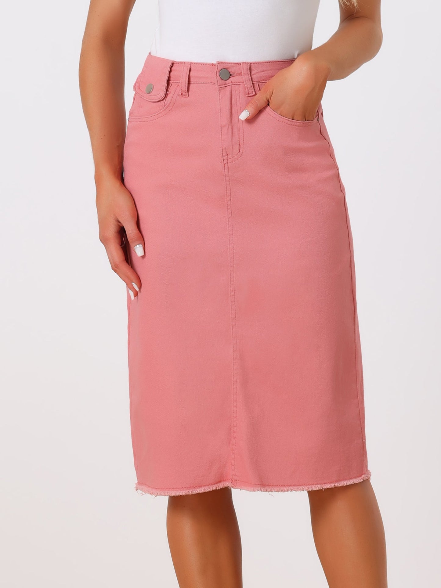Effortless Denim Skirt for Women with High Waist Midi Straight Raw Hem Casual Jean Style