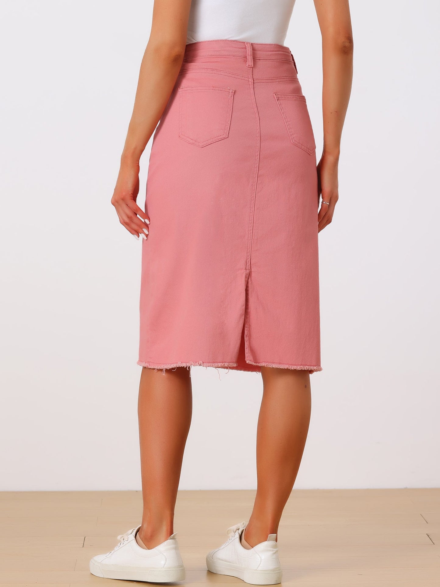 Effortless Denim Skirt for Women with High Waist Midi Straight Raw Hem Casual Jean Style