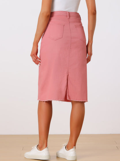 Effortless Denim Skirt for Women with High Waist Midi Straight Raw Hem Casual Jean Style