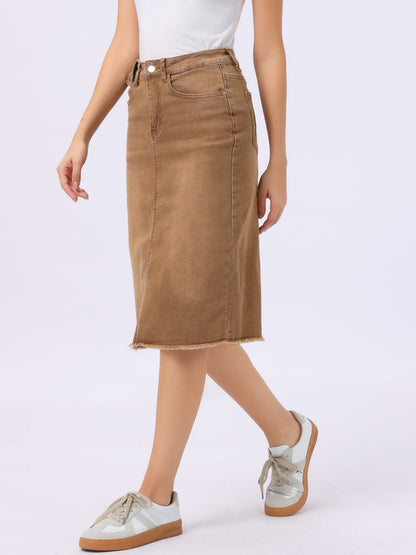 Effortless Denim Skirt for Women with High Waist Midi Straight Raw Hem Casual Jean Style