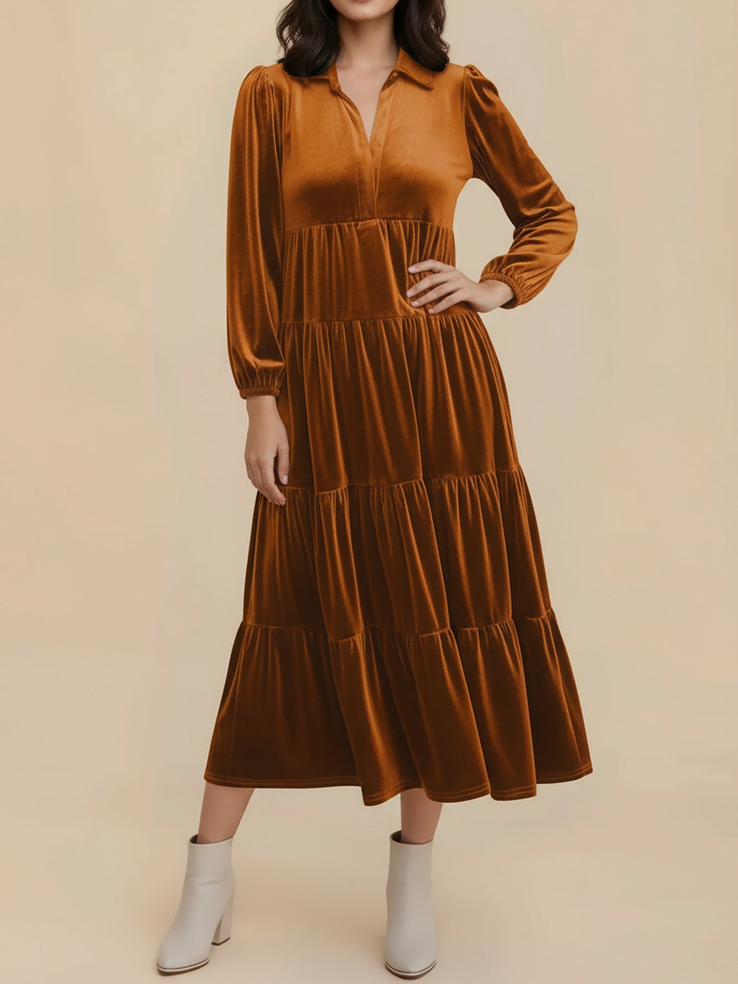 Elegant Velvet Midi Dress for Women with Collar Long Sleeve Tiered Flowing Fall Wedding Guest Style