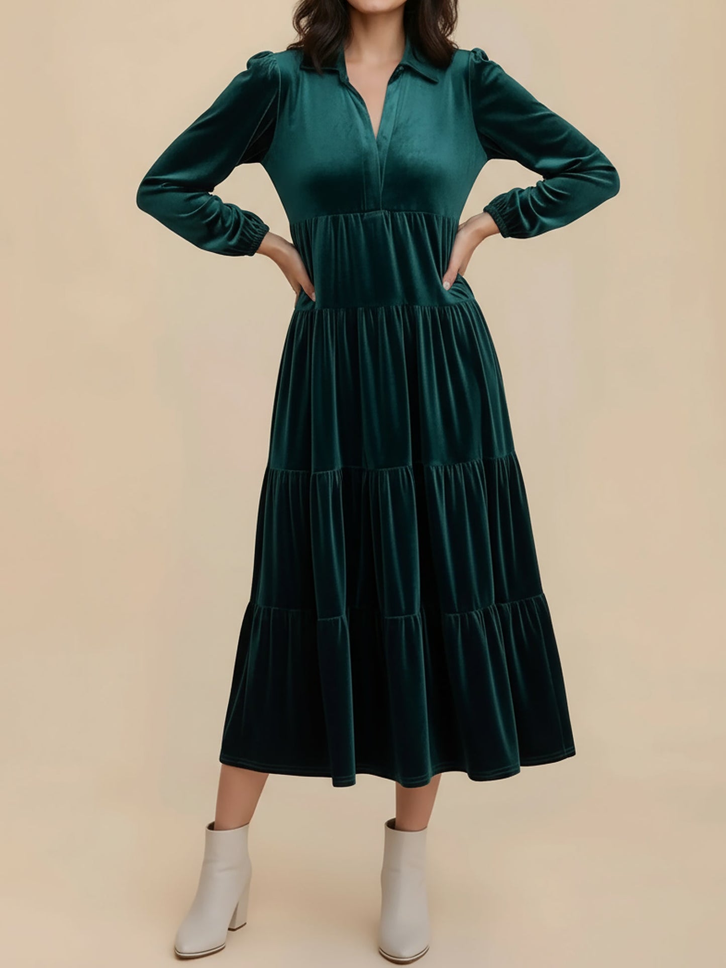 Elegant Velvet Midi Dress for Women with Collar Long Sleeve Tiered Flowing Fall Wedding Guest Style