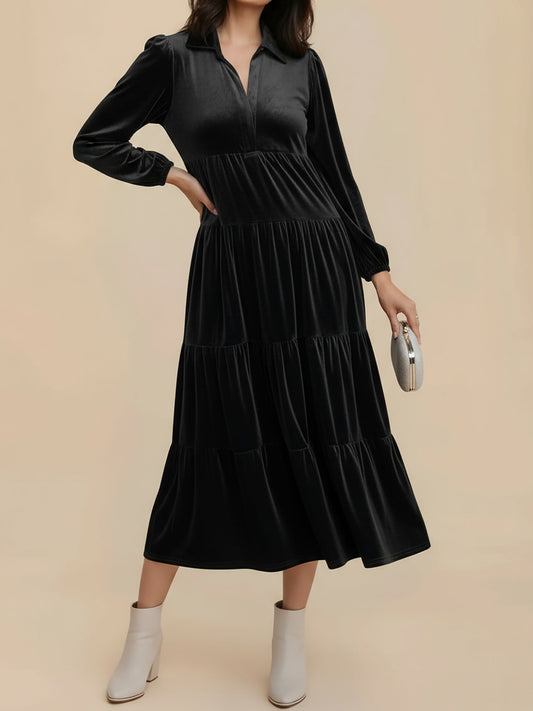 Elegant Black Tie Dress for Women with Collar Long Sleeve Tiered Flowing Fall Wedding Guest Style
