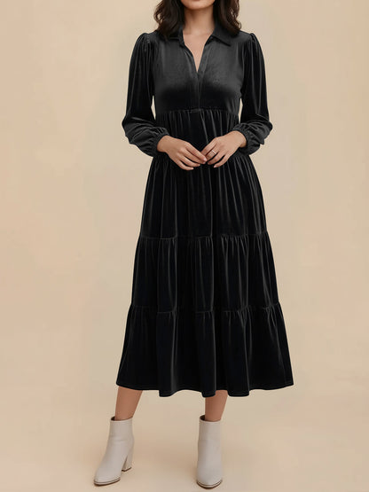 Elegant Velvet Midi Dress for Women with Collar Long Sleeve Tiered Flowing Fall Wedding Guest Style