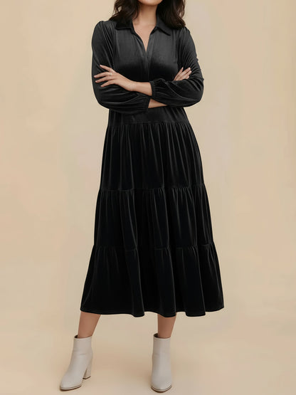Elegant Velvet Midi Dress for Women with Collar Long Sleeve Tiered Flowing Fall Wedding Guest Style