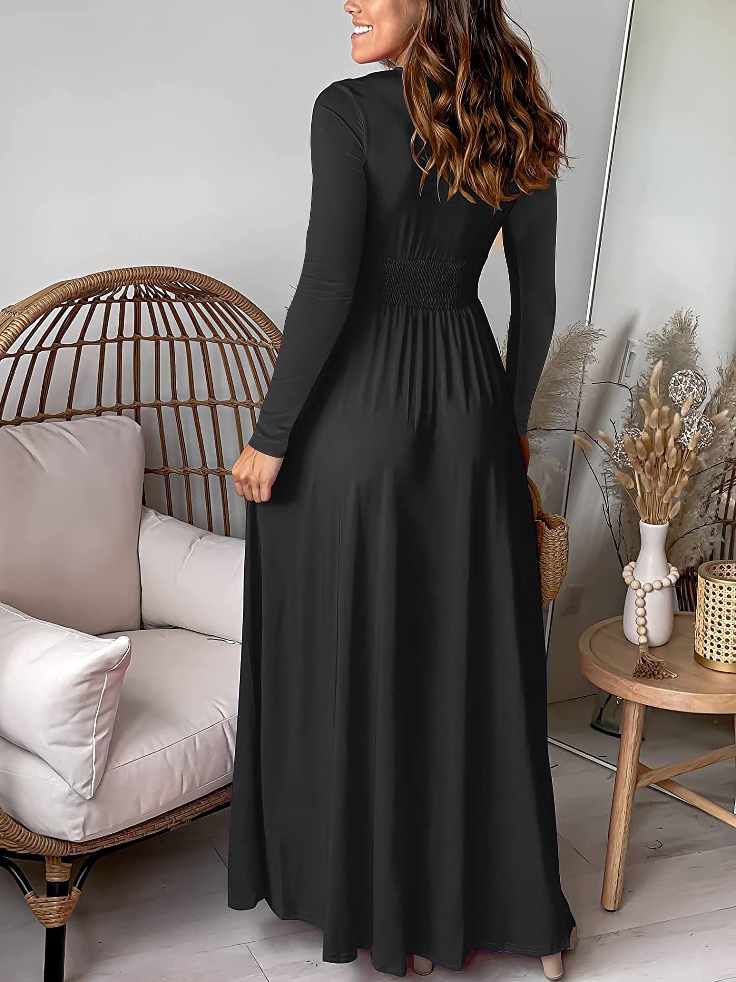 Elegant Maxi Dress for Women with V Neck Long Sleeve Wrap High Slit Flowing Fall Wedding Guest Style