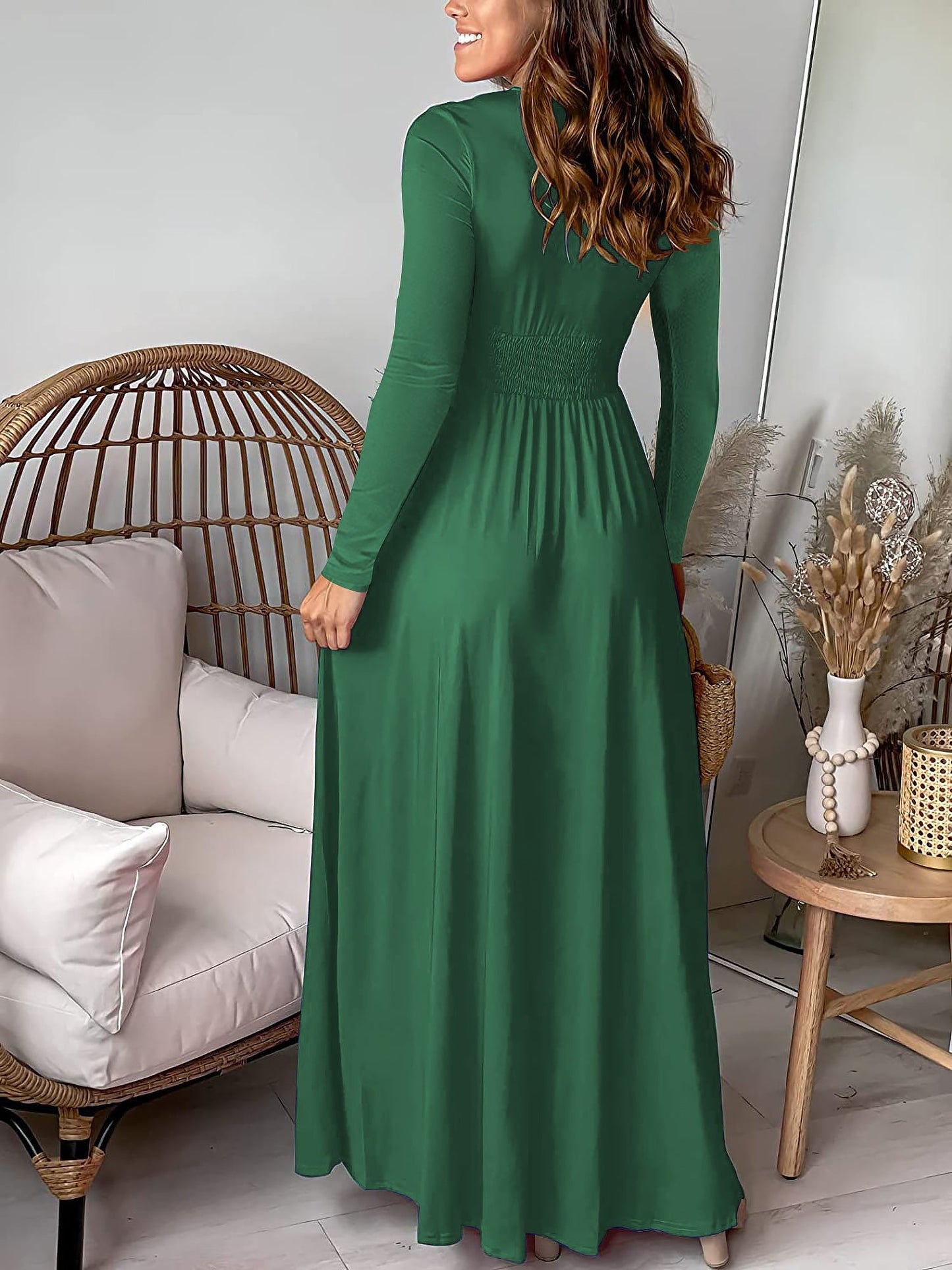Elegant Maxi Dress for Women with V Neck Long Sleeve Wrap High Slit Flowing Fall Wedding Guest Style