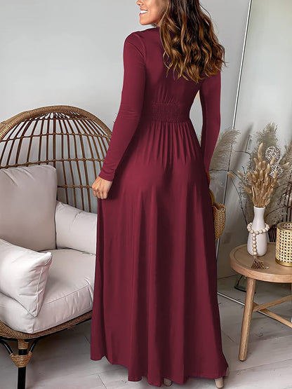 Elegant Maxi Dress for Women with V Neck Long Sleeve Wrap High Slit Flowing Fall Wedding Guest Style