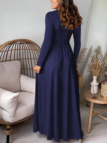 Elegant Maxi Dress for Women with V Neck Long Sleeve Wrap High Slit Flowing Fall Wedding Guest Style