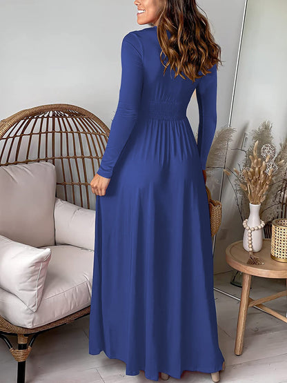 Elegant Maxi Dress for Women with V Neck Long Sleeve Wrap High Slit Flowing Fall Wedding Guest Style