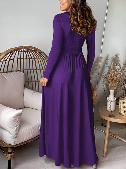 Elegant Maxi Dress for Women with V Neck Long Sleeve Wrap High Slit Flowing Fall Wedding Guest Style