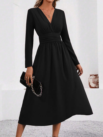 Elegant Midi Dress for Women with V Neck Long Sleeve Wrap Ruffle High Low Fall Wedding Guest Style