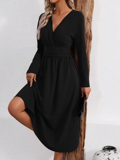 Elegant Midi Dress for Women with V Neck Long Sleeve Wrap Ruffle High Low Fall Wedding Guest Style