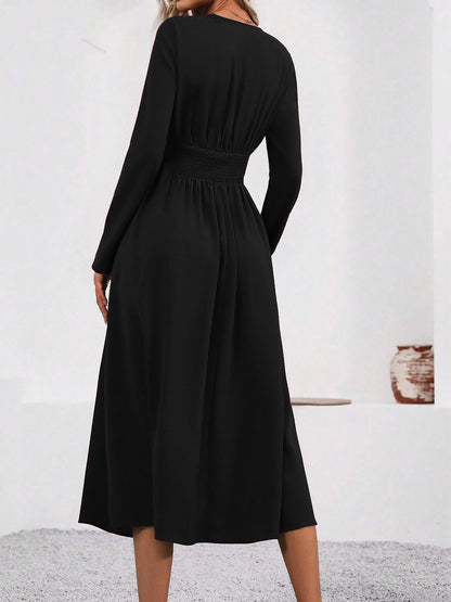 Elegant Midi Dress for Women with V Neck Long Sleeve Wrap Ruffle High Low Fall Wedding Guest Style