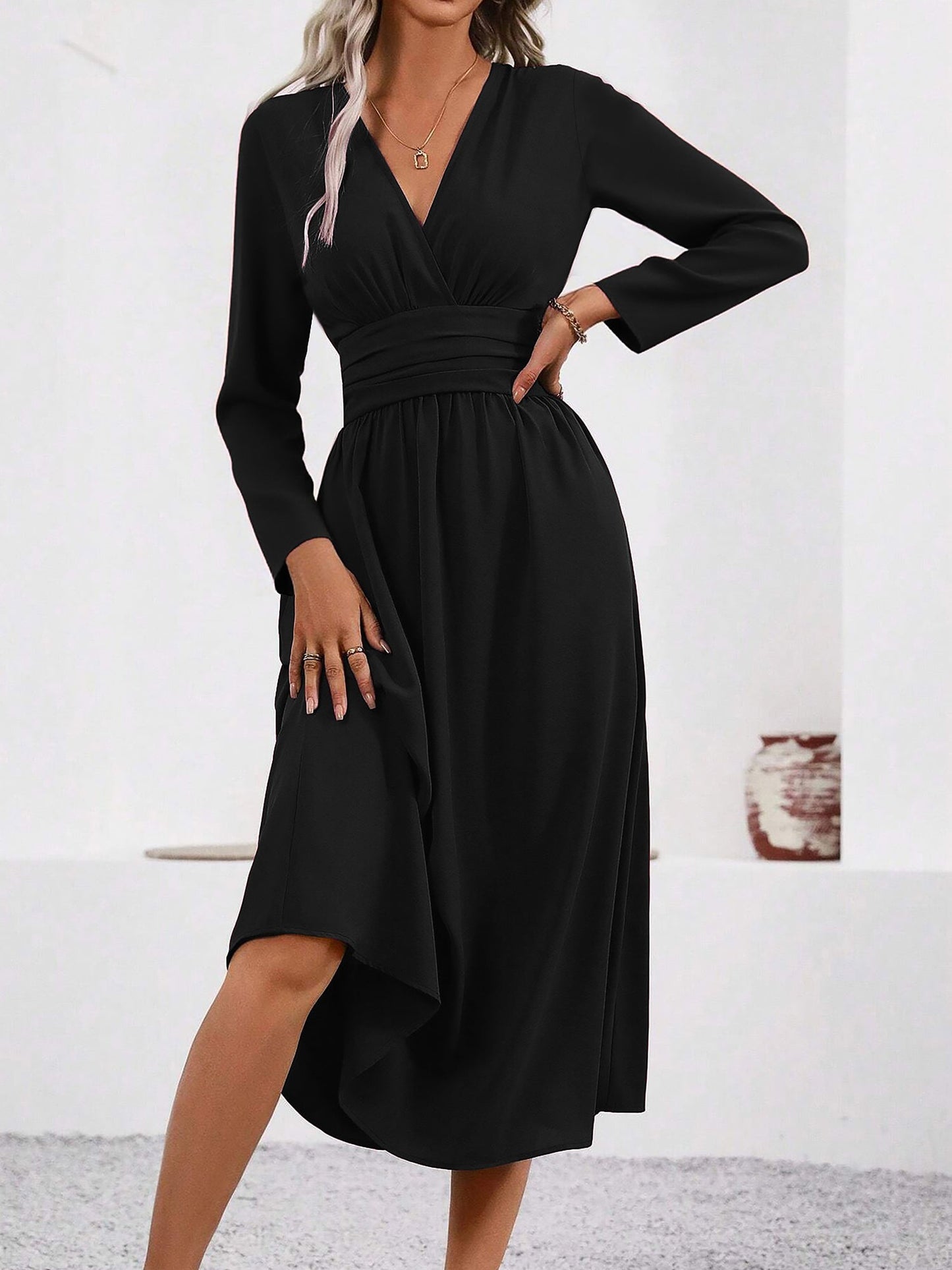 Elegant Midi Dress for Women with V Neck Long Sleeve Wrap Ruffle High Low Fall Wedding Guest Style