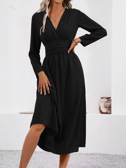 Elegant Midi Dress for Women with V Neck Long Sleeve Wrap Ruffle High Low Fall Wedding Guest Style