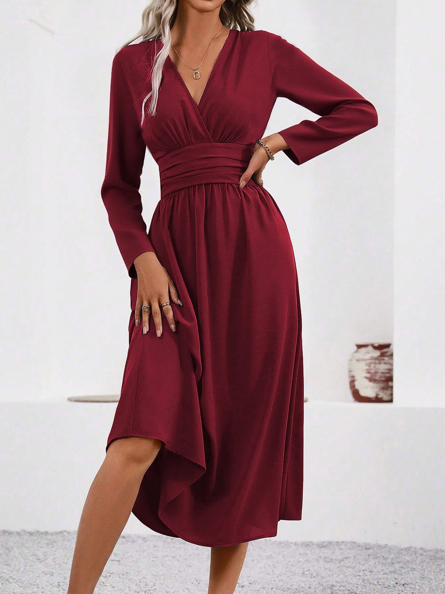 Elegant Midi Dress for Women with V Neck Long Sleeve Wrap Ruffle High Low Fall Wedding Guest Style