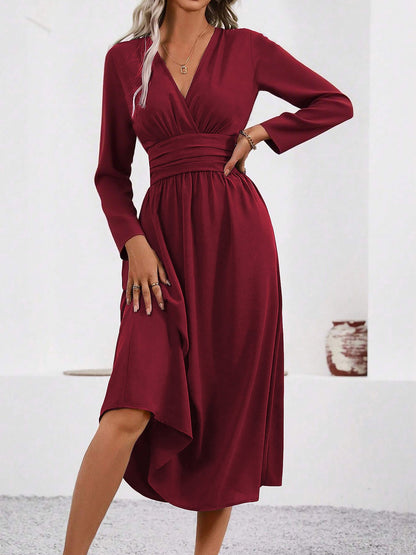Elegant Midi Dress for Women with V Neck Long Sleeve Wrap Ruffle High Low Fall Wedding Guest Style