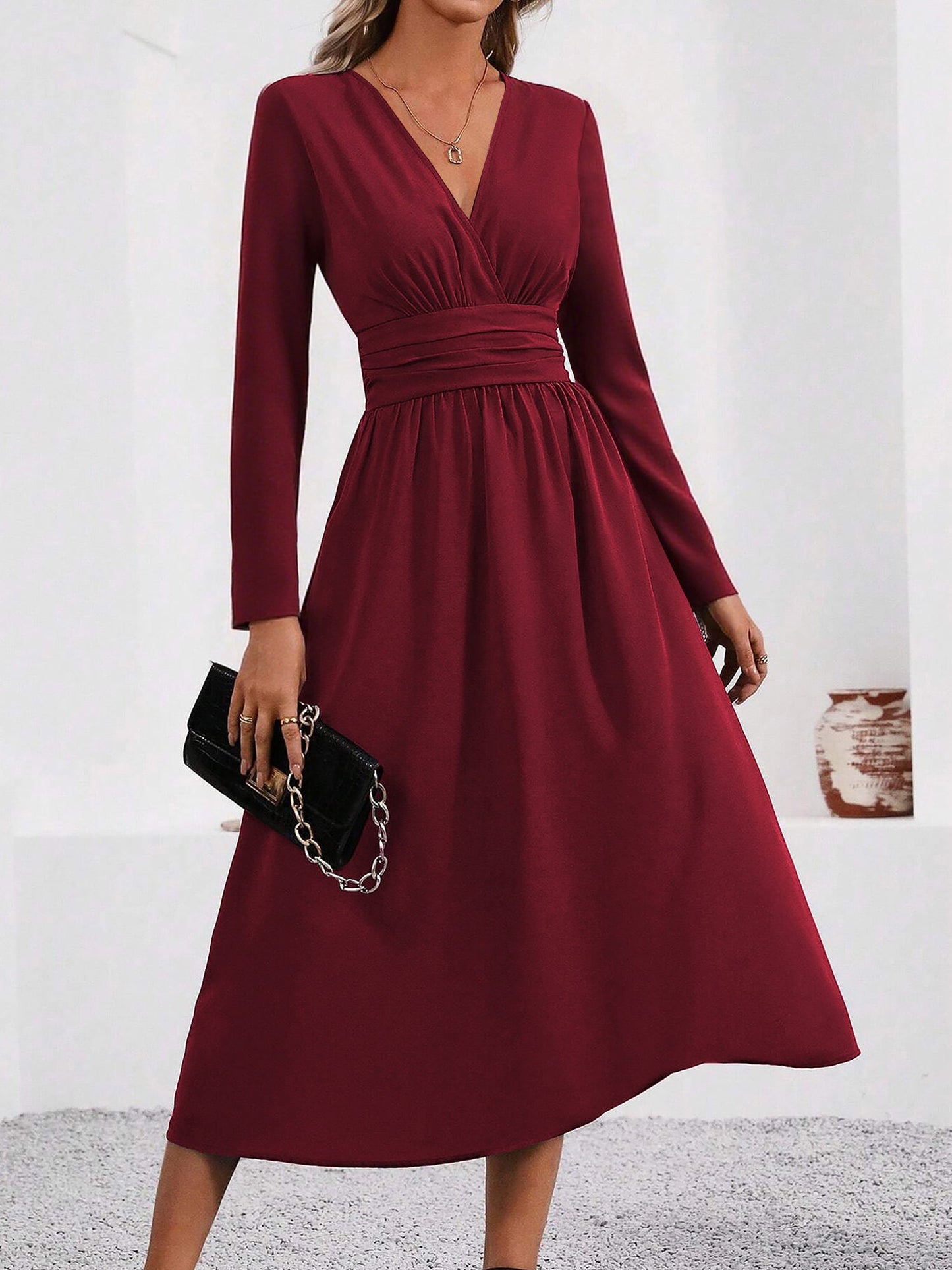 Elegant Midi Dress for Women with V Neck Long Sleeve Wrap Ruffle High Low Fall Wedding Guest Style