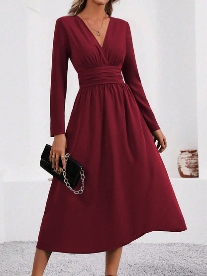 Elegant Midi Dress for Women with V Neck Long Sleeve Wrap Ruffle High Low Fall Wedding Guest Style