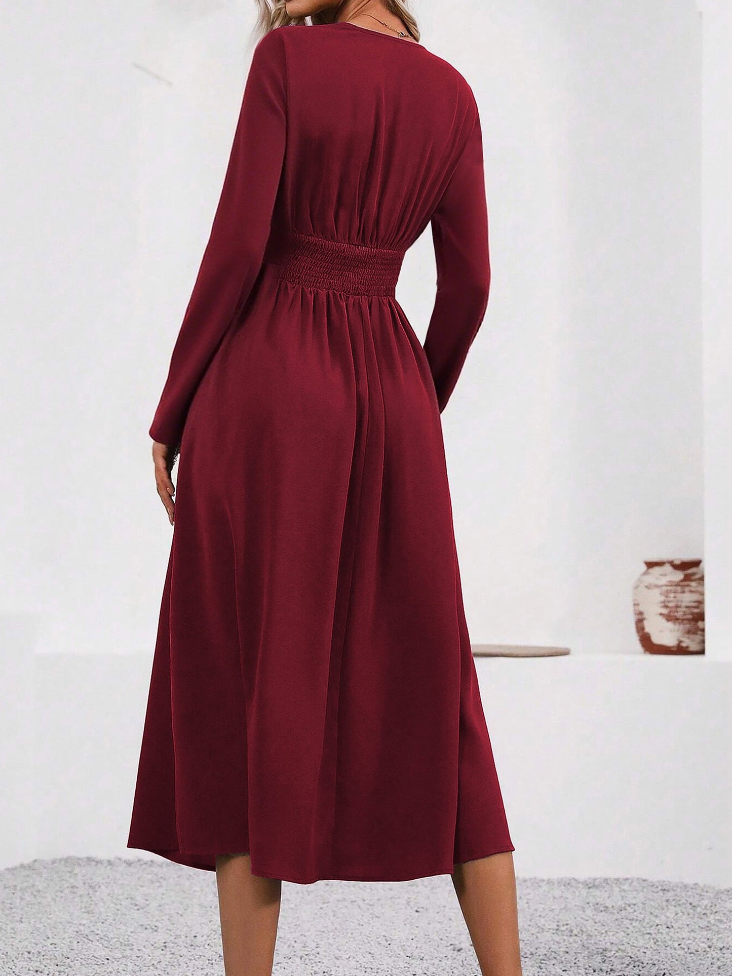 Elegant Midi Dress for Women with V Neck Long Sleeve Wrap Ruffle High Low Fall Wedding Guest Style