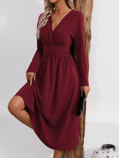 Elegant Midi Dress for Women with V Neck Long Sleeve Wrap Ruffle High Low Fall Wedding Guest Style