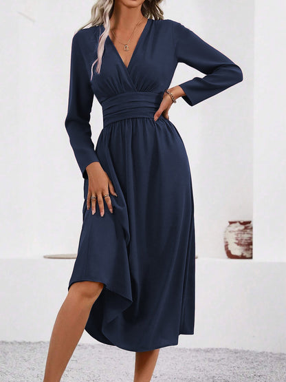 Elegant Midi Dress for Women with V Neck Long Sleeve Wrap Ruffle High Low Fall Wedding Guest Style