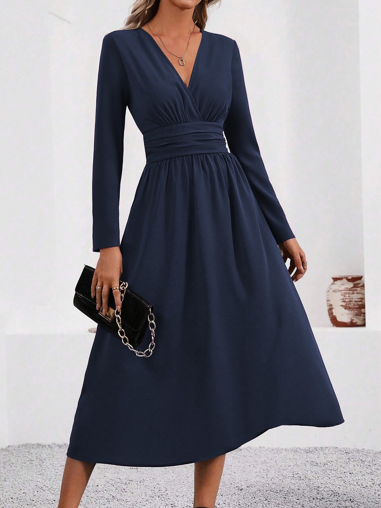Elegant Midi Dress for Women with V Neck Long Sleeve Wrap Ruffle High Low Fall Wedding Guest Style
