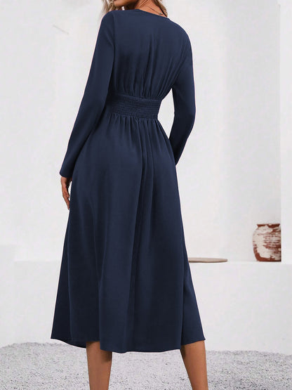 Elegant Midi Dress for Women with V Neck Long Sleeve Wrap Ruffle High Low Fall Wedding Guest Style