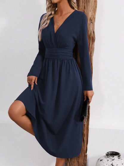 Elegant Midi Dress for Women with V Neck Long Sleeve Wrap Ruffle High Low Fall Wedding Guest Style