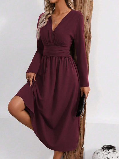 Elegant Midi Dress for Women with V Neck Long Sleeve Wrap Ruffle High Low Fall Wedding Guest Style