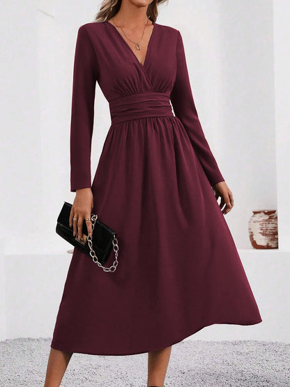 Elegant Midi Dress for Women with V Neck Long Sleeve Wrap Ruffle High Low Fall Wedding Guest Style