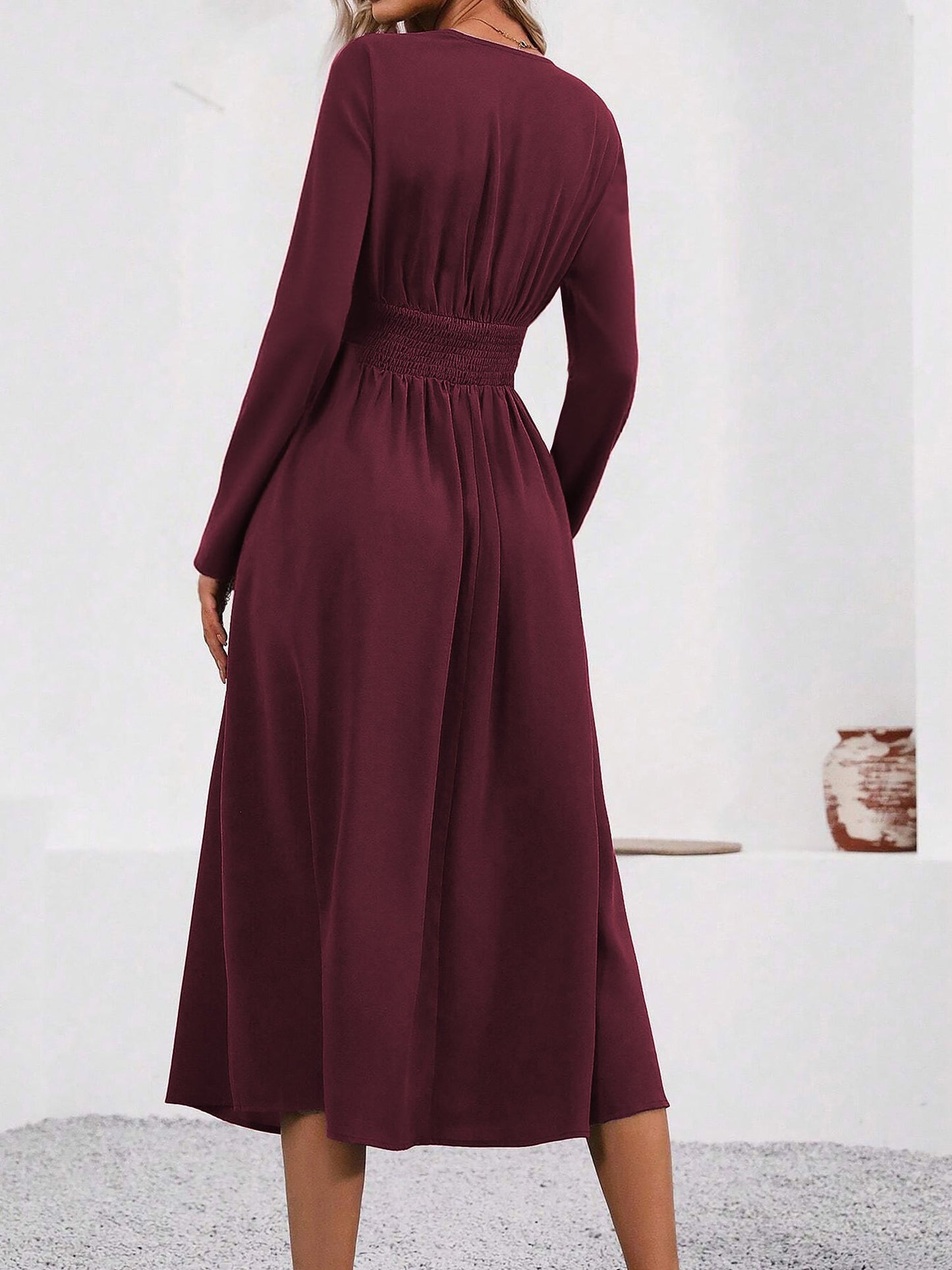 Elegant Midi Dress for Women with V Neck Long Sleeve Wrap Ruffle High Low Fall Wedding Guest Style