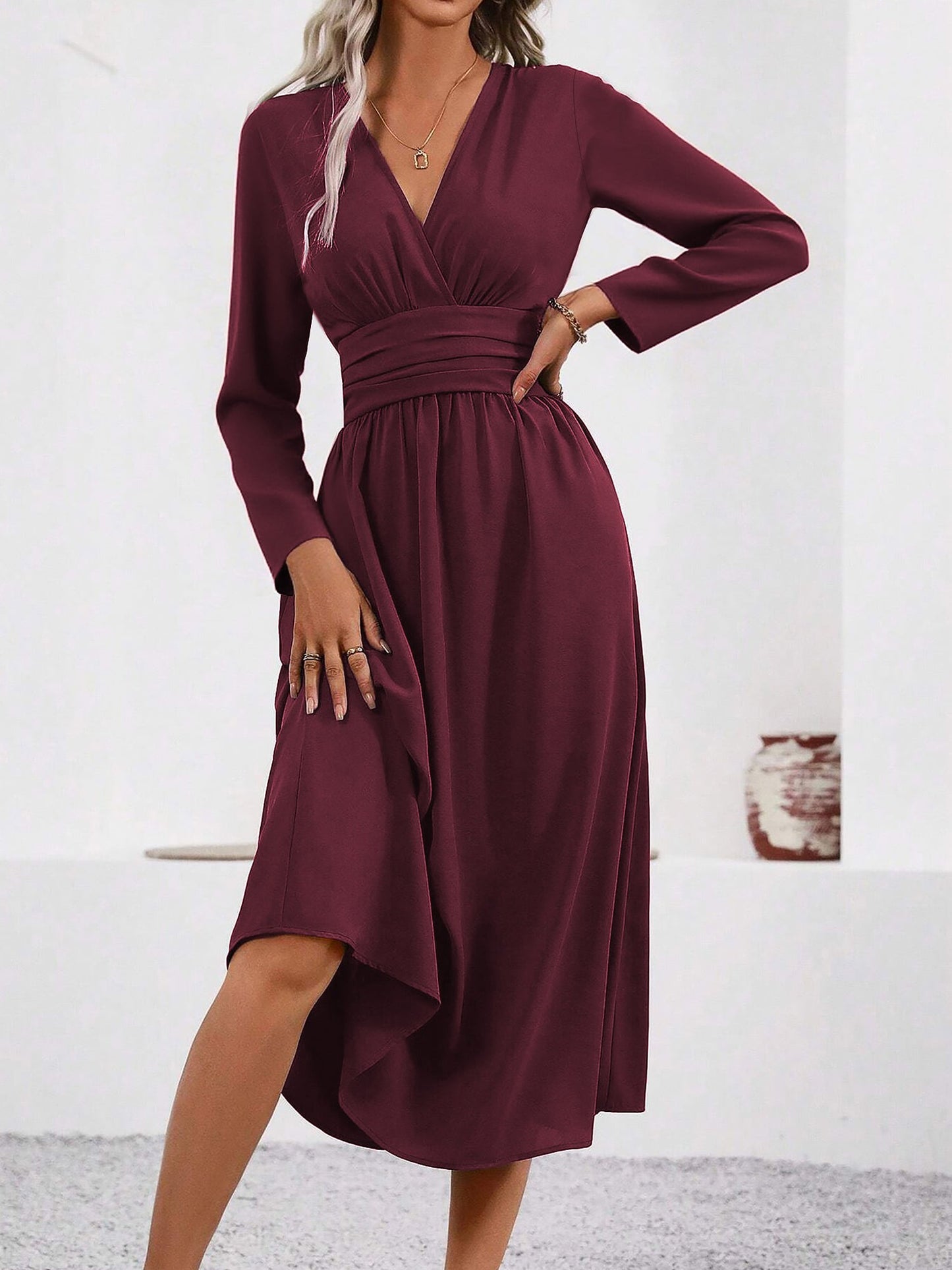 Elegant Midi Dress for Women with V Neck Long Sleeve Wrap Ruffle High Low Fall Wedding Guest Style