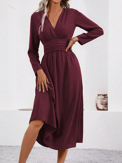 Elegant Midi Dress for Women with V Neck Long Sleeve Wrap Ruffle High Low Fall Wedding Guest Style