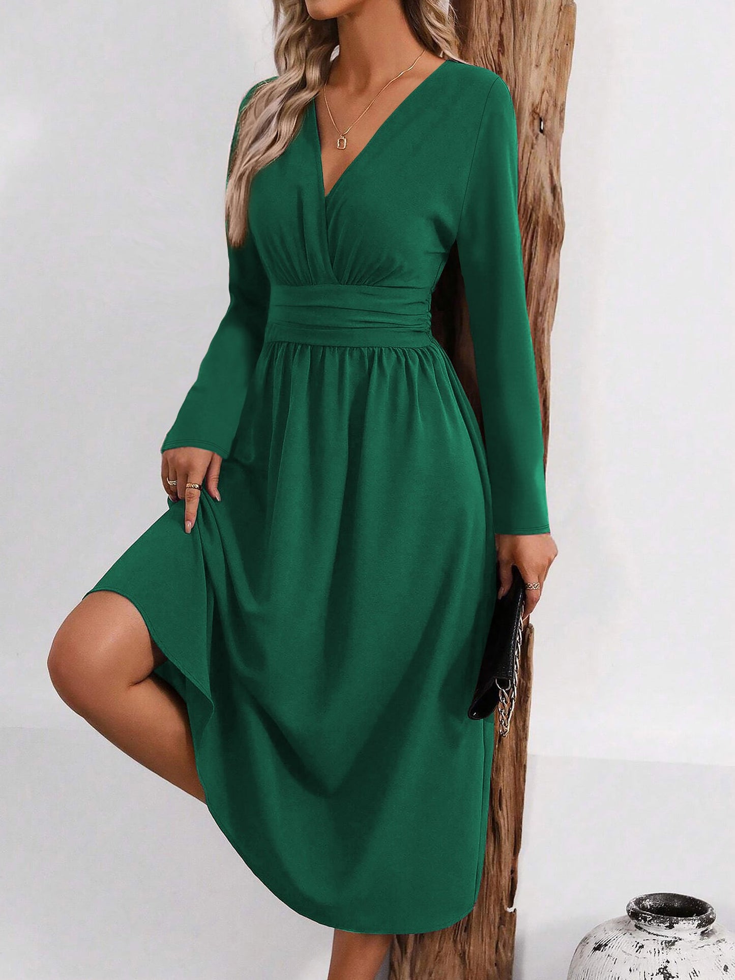 Elegant Midi Dress for Women with V Neck Long Sleeve Wrap Ruffle High Low Fall Wedding Guest Style