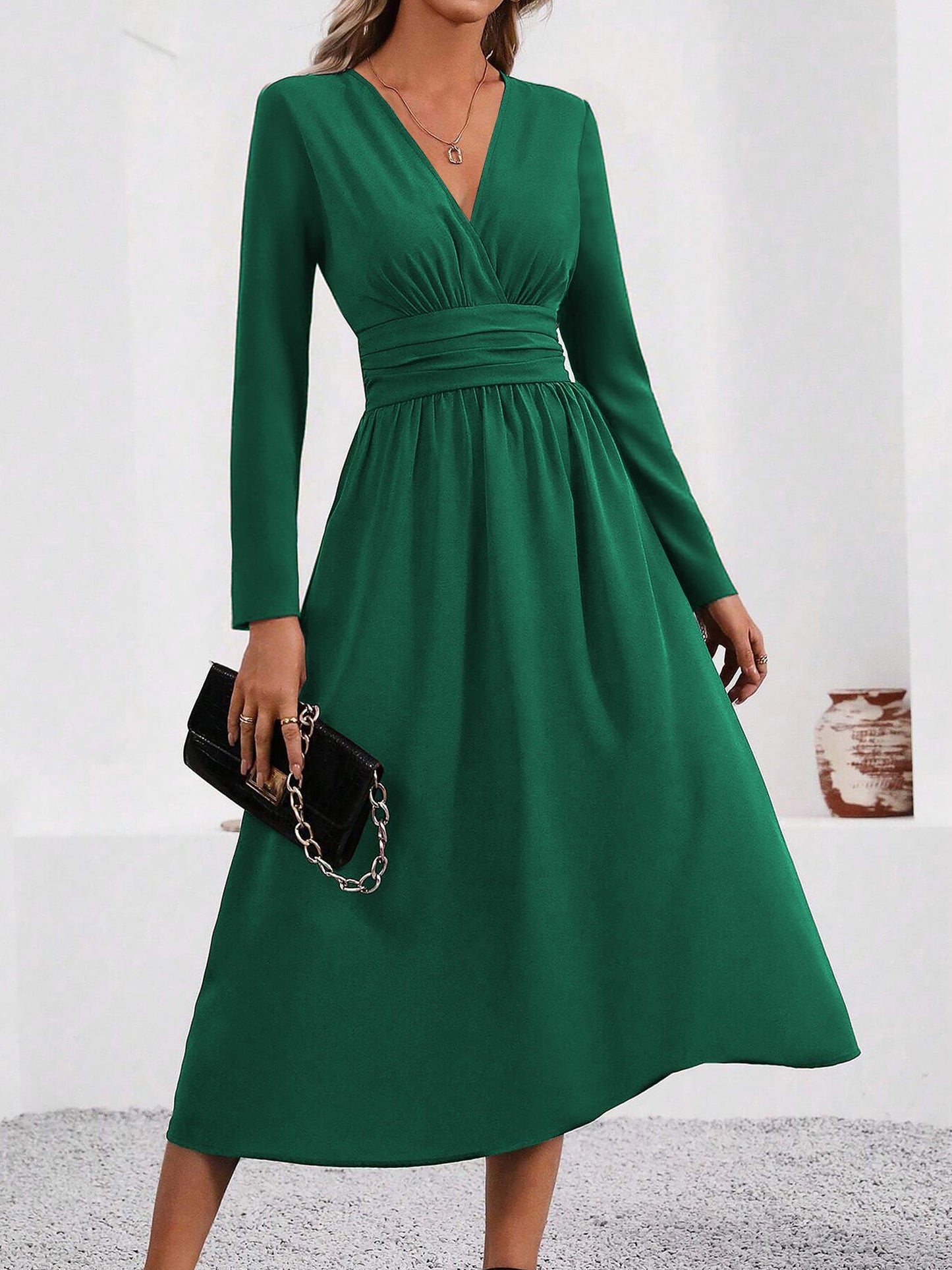 Elegant Midi Dress for Women with V Neck Long Sleeve Wrap Ruffle High Low Fall Wedding Guest Style