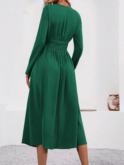 Elegant Midi Dress for Women with V Neck Long Sleeve Wrap Ruffle High Low Fall Wedding Guest Style