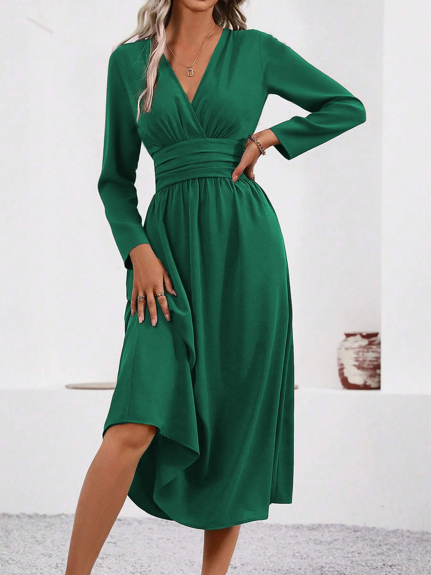 Elegant Midi Dress for Women with V Neck Long Sleeve Wrap Ruffle High Low Fall Wedding Guest Style
