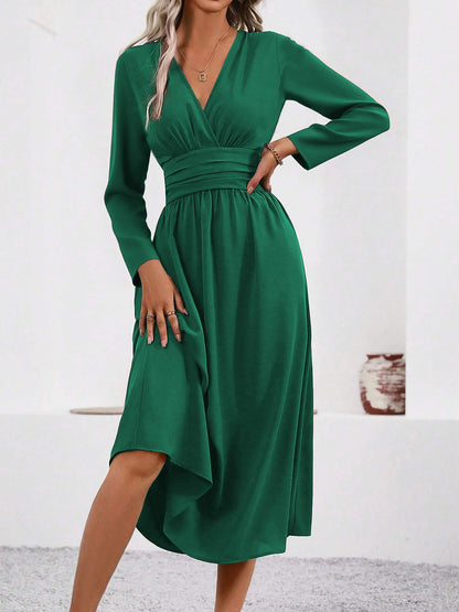 Elegant Midi Dress for Women with V Neck Long Sleeve Wrap Ruffle High Low Fall Wedding Guest Style