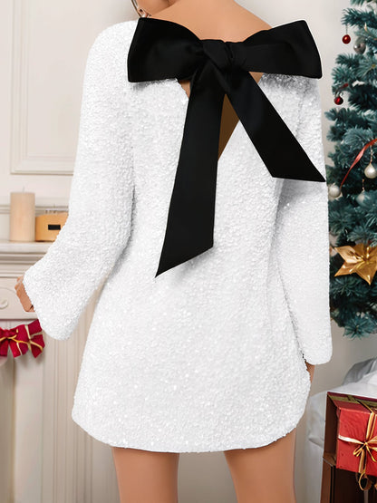 Elegant Sequin White Birthday Dress for Women with Bow Back Long Sleeve