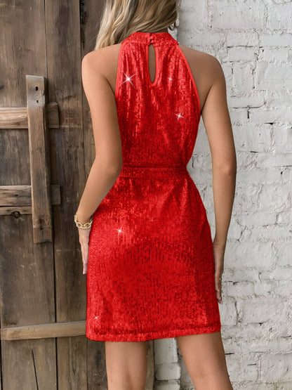 Elegant Sequin Birthday Dress for Women with Halter Sleeveless Draped Bodice