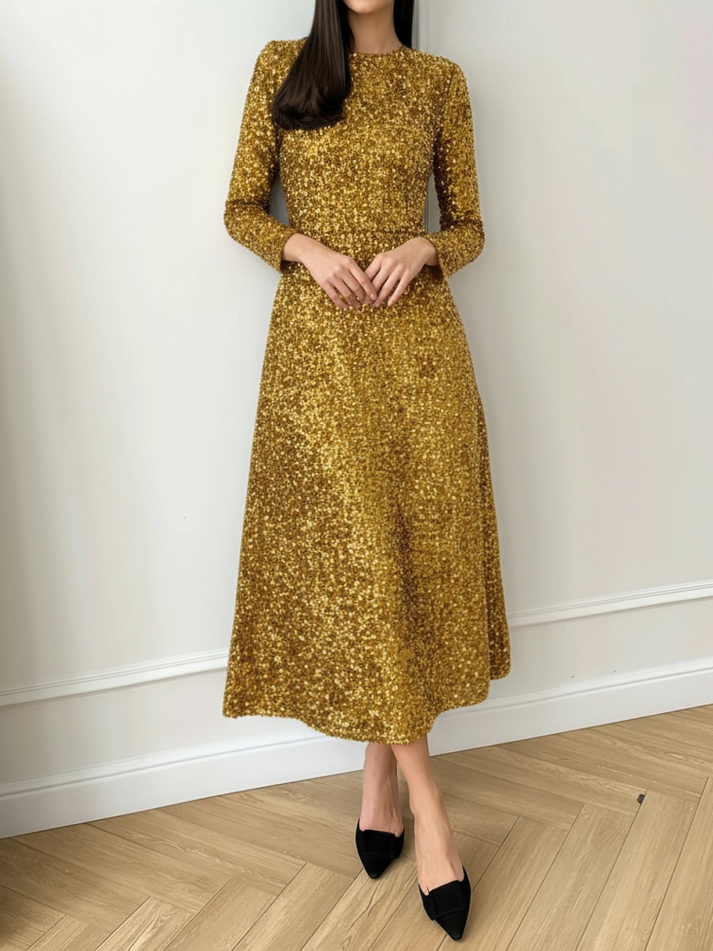 Elegant Sequin Maxi Dress for Women with Round Neck Long Sleeve Flowing Sparkle Autumn Wedding Guest Style