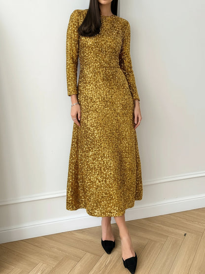 Elegant Sequin Maxi Dress for Women with Round Neck Long Sleeve Flowing Sparkle Autumn Wedding Guest Style