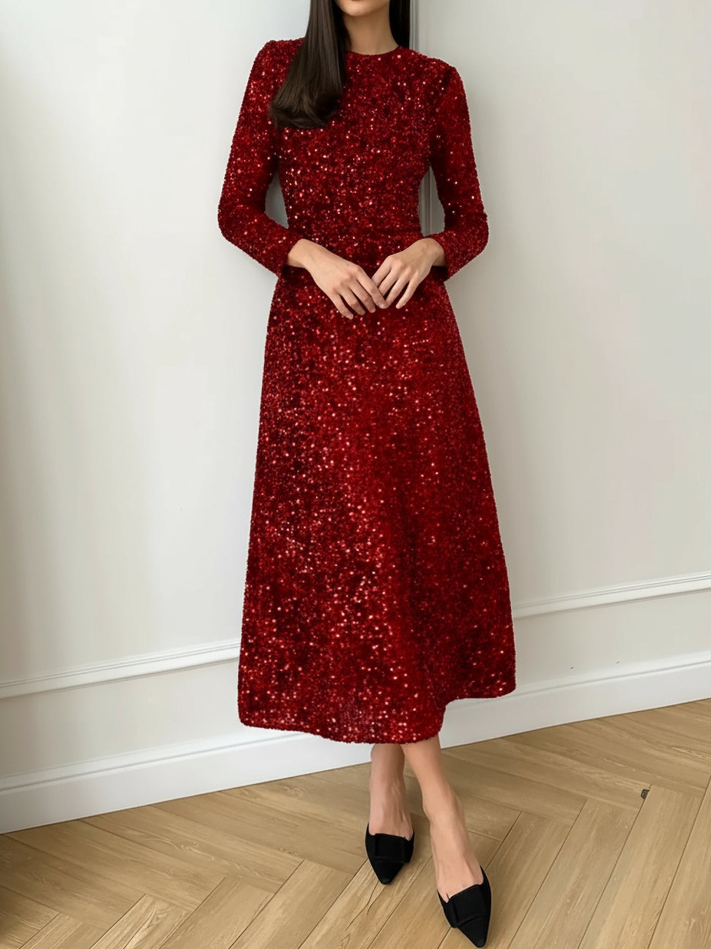 Elegant Sequin Maxi Dress for Women with Round Neck Long Sleeve Flowing Sparkle Autumn Wedding Guest Style