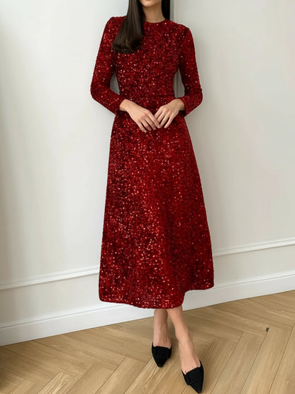 Elegant Sequin Maxi Dress for Women with Round Neck Long Sleeve Flowing Sparkle Autumn Wedding Guest Style